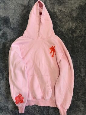 Pink Palm Puff Kids Pink Hooded Sweatshirt with Red Palm Detail